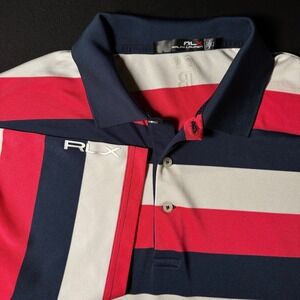 RLX Ralph Lauren Polo Golf Shirt Mens Large Striped Pink White BH Billy Horschel